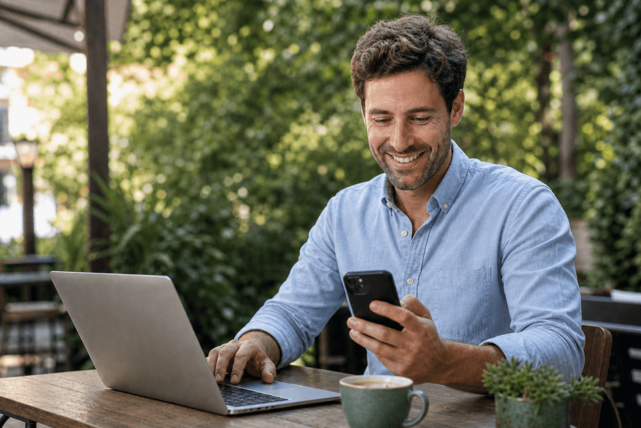 Man bekijkt zijn smartphone voor klantenservicecontact